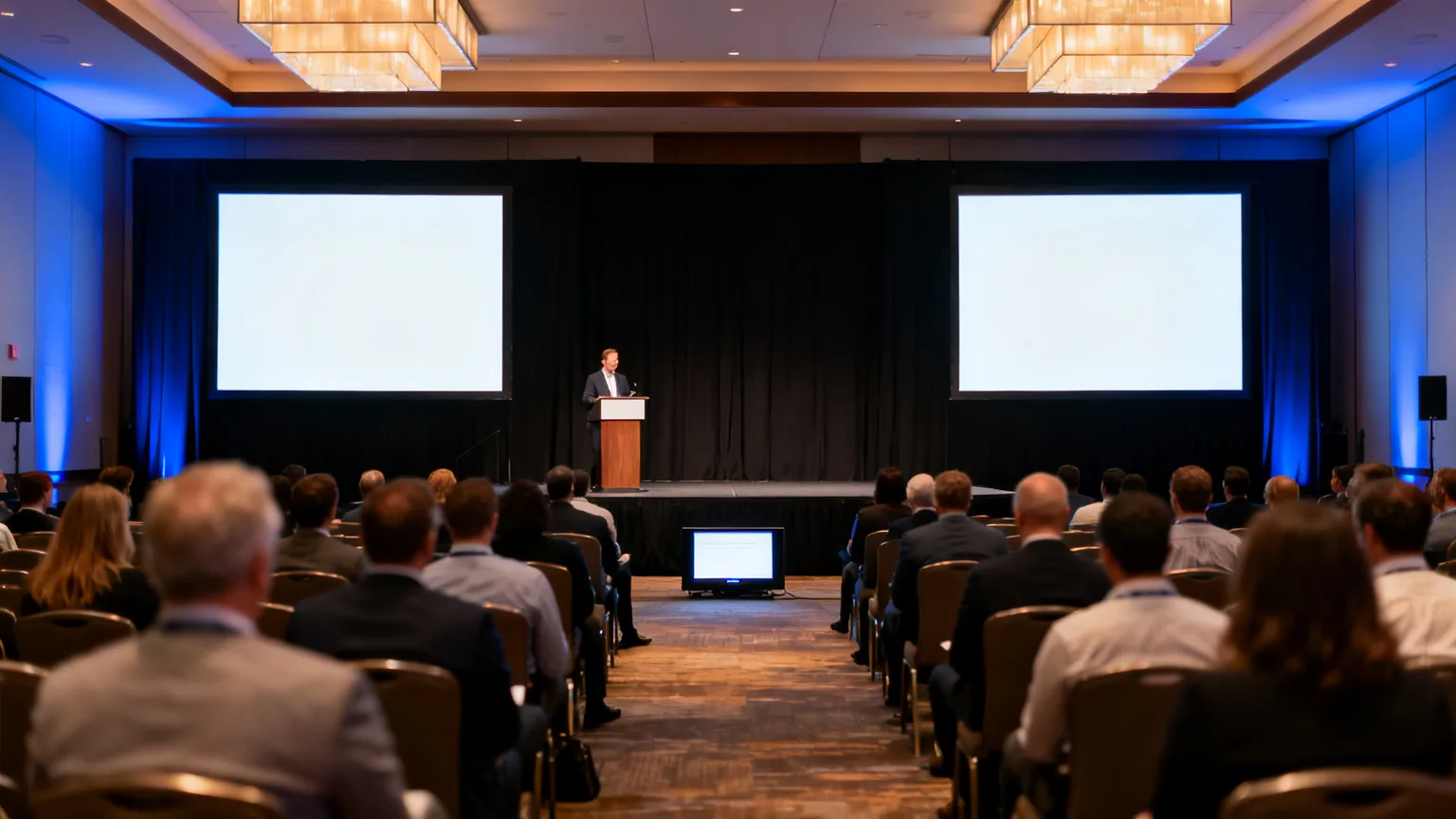Corporate conference general session with dual projection screens, stage and confidence monitor