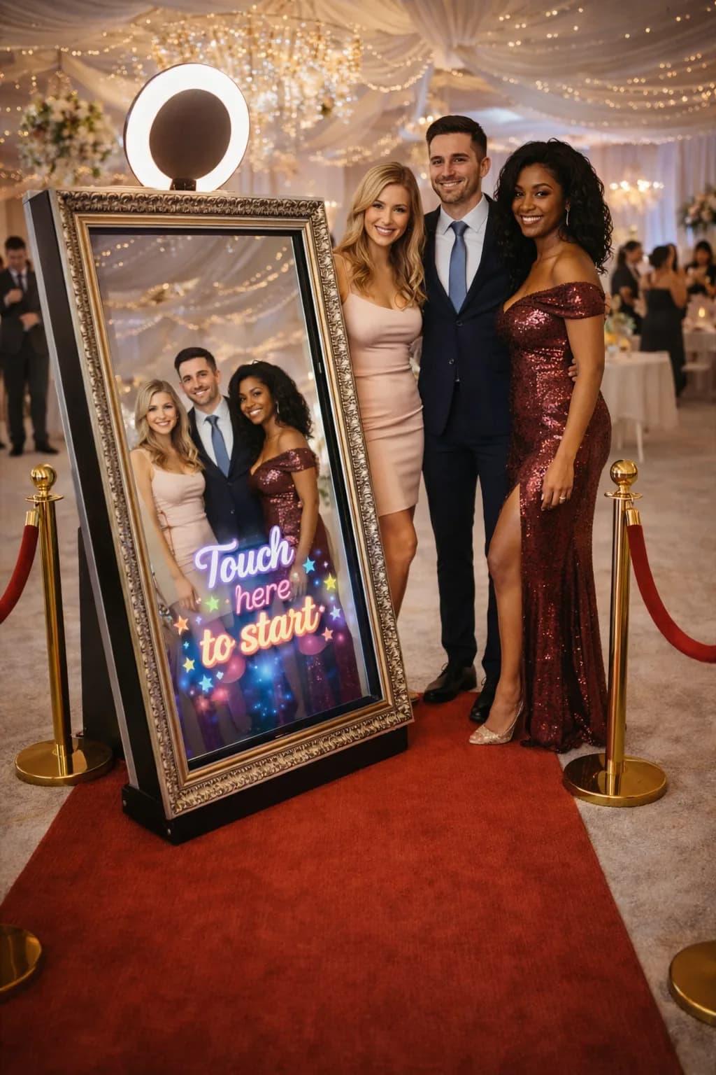 Mirror Glam Booth at an event — full-length interactive touchscreen mirror with animated prompts